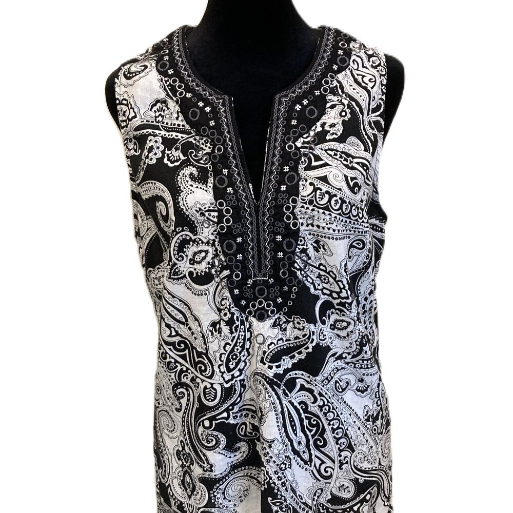 Black & White Sleeveless  Top Embroidered Trim Tunic Paisley  Women's Size Small